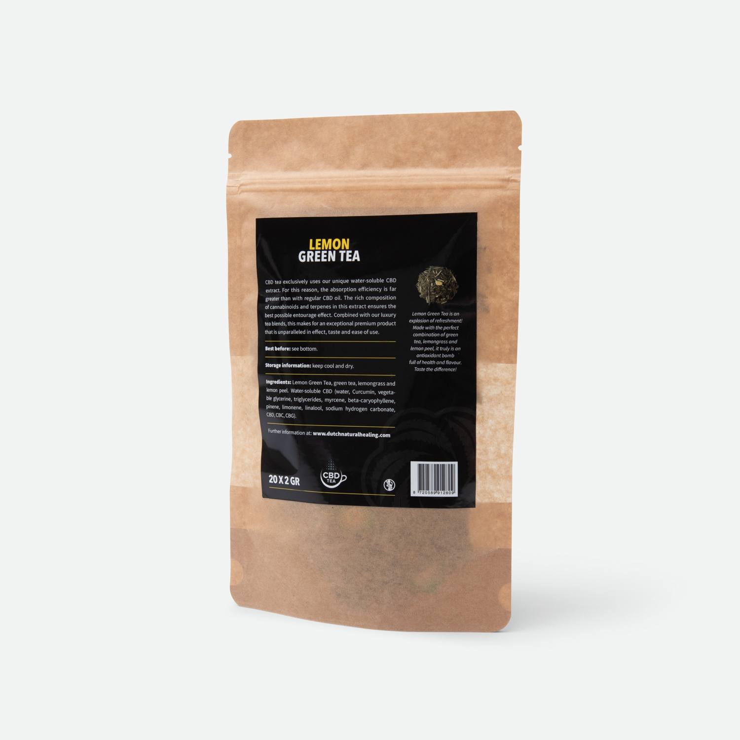 CBD groene thee met citroen - achterzijde van de zak met ingrediënten en barcode