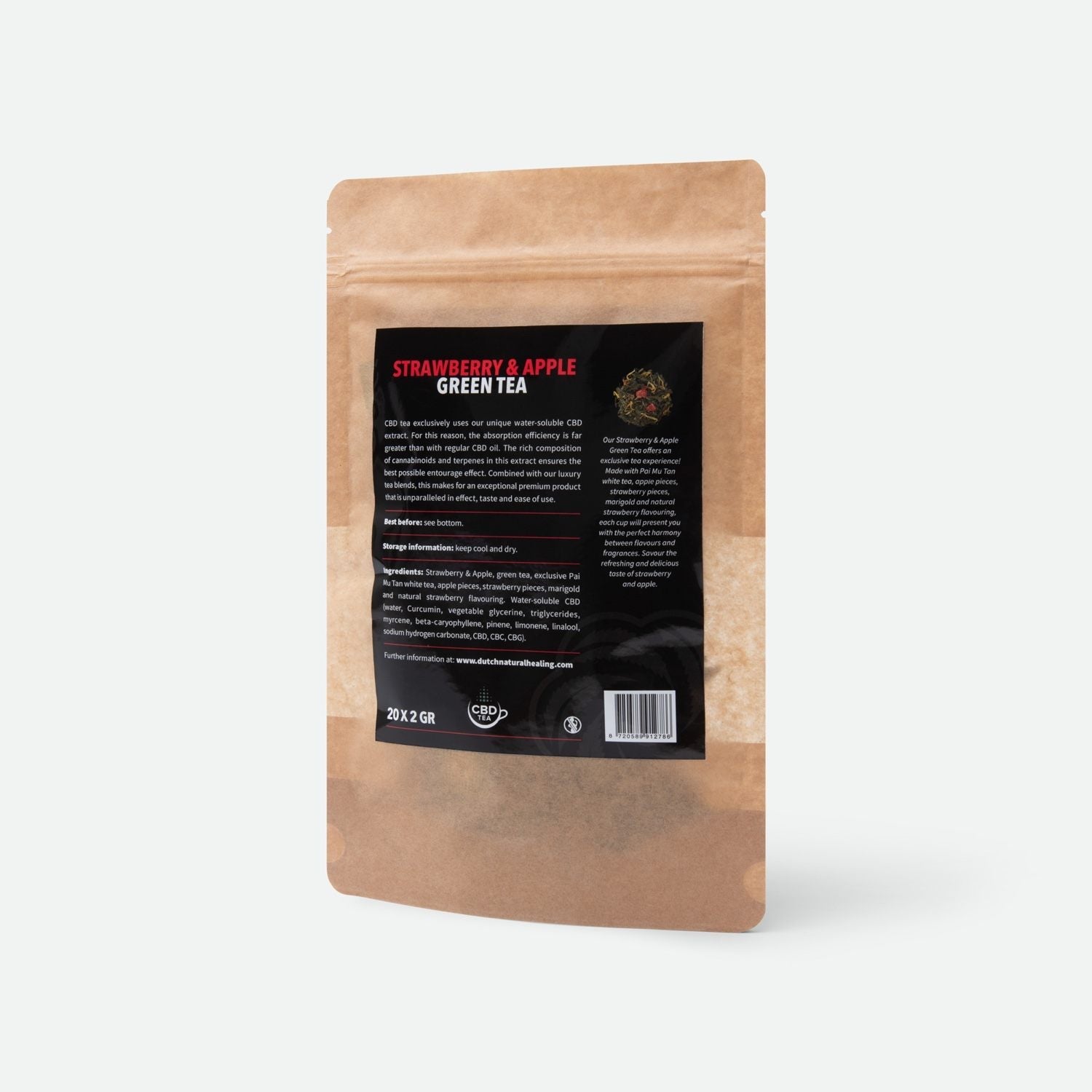 CBD thee met aardbei en appel - achterzijde van de zak met ingrediënten en barcode
