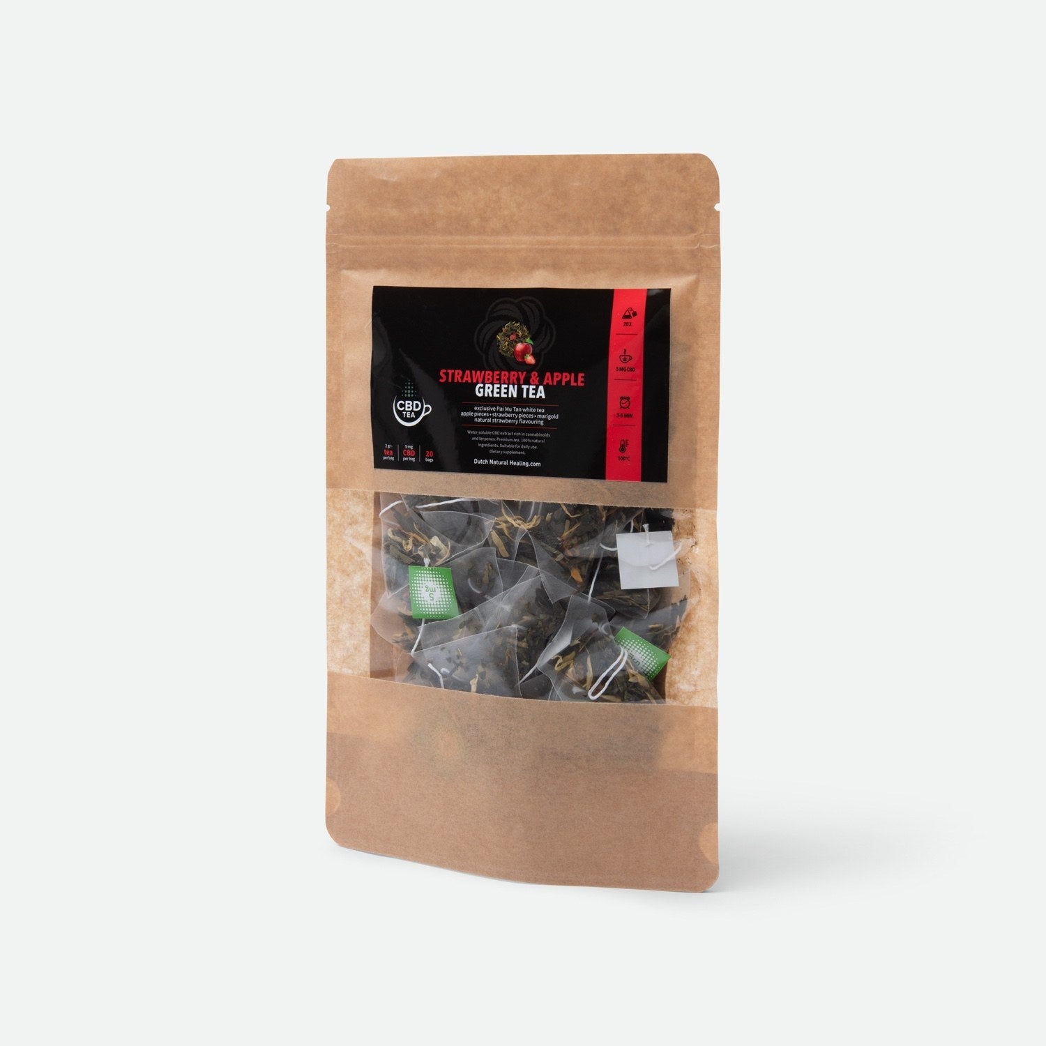 CBD thee met aardbei en appel - zak met 20 piramidezakjes, vooraanzicht