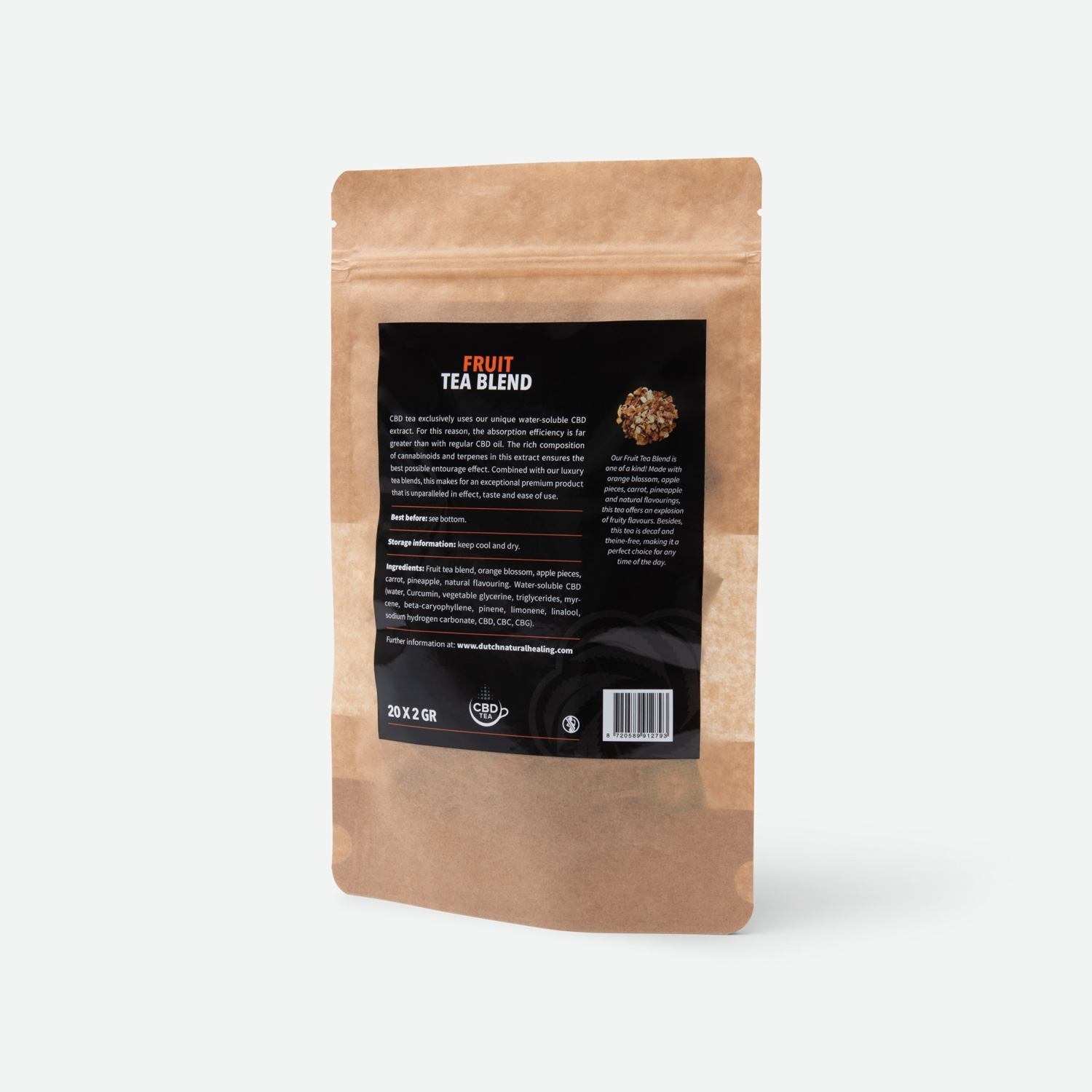 CBD vruchtenthee - achterzijde van de zak met ingrediënten en barcode