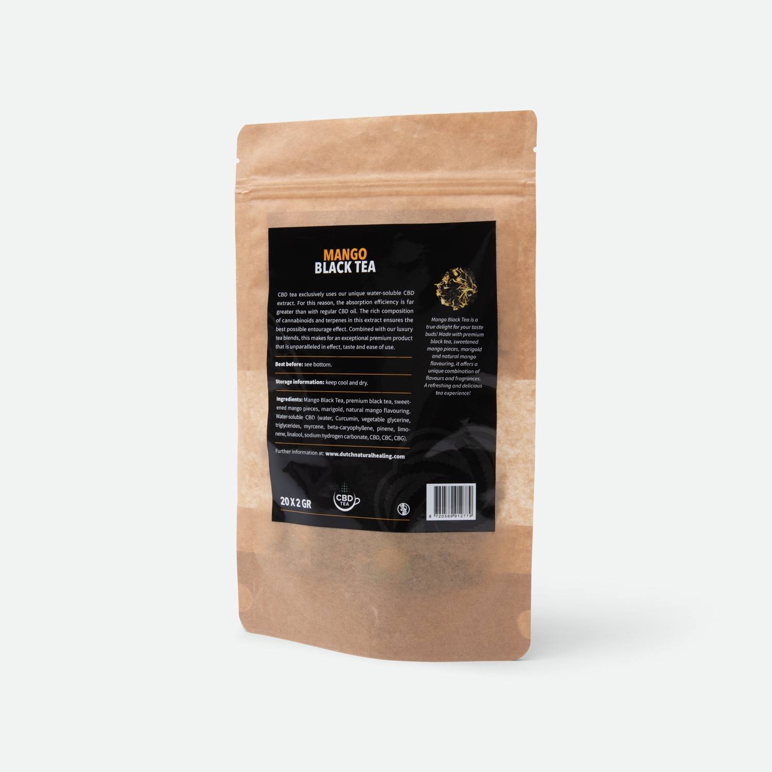 CBD zwarte thee met mango - achterzijde van de zak met ingrediënten en barcode