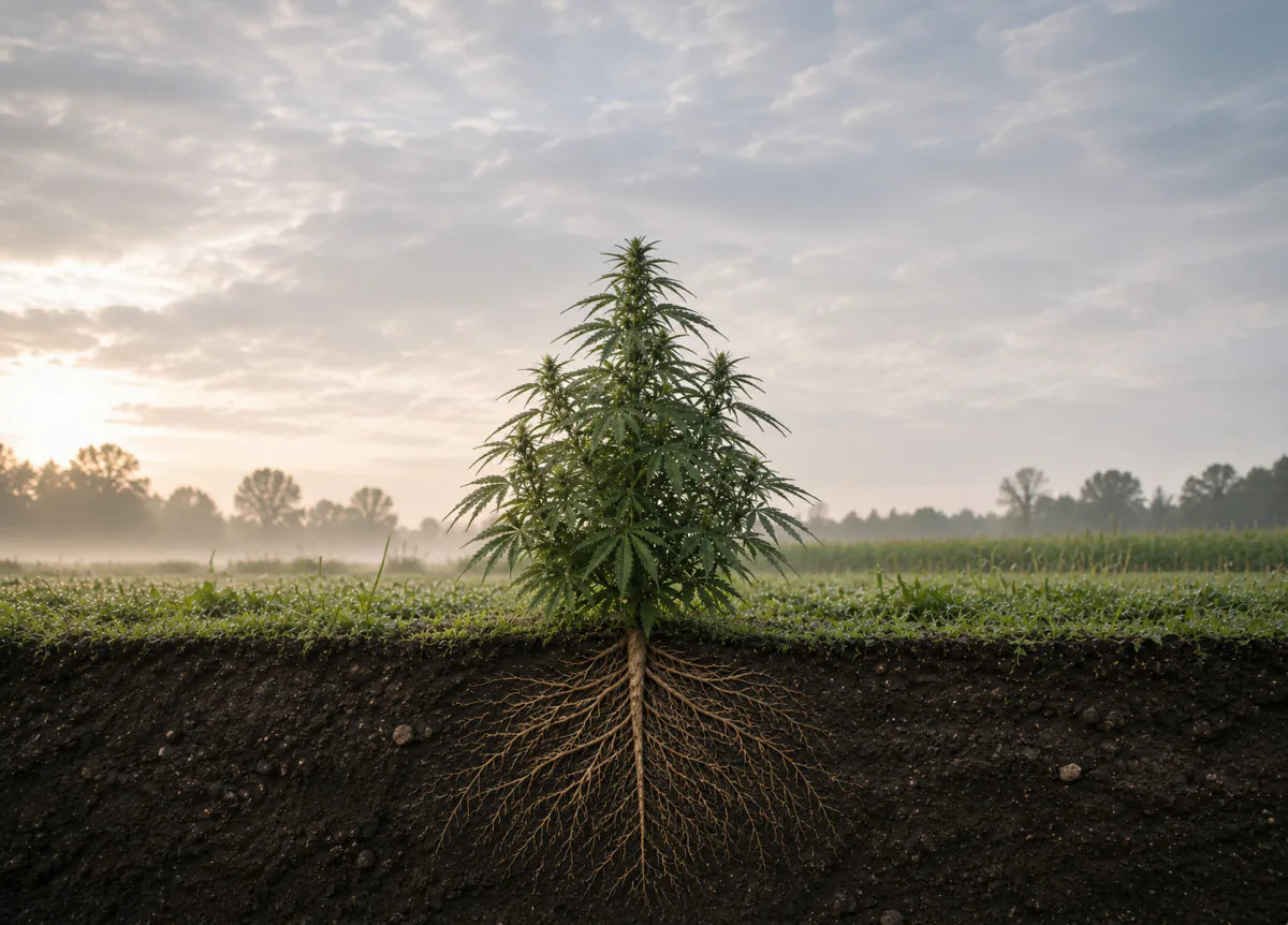 Hennepplant in een veld bij zonsopkomst, met het volledige wortelstelsel zichtbaar onder het bodemoppervlak.
