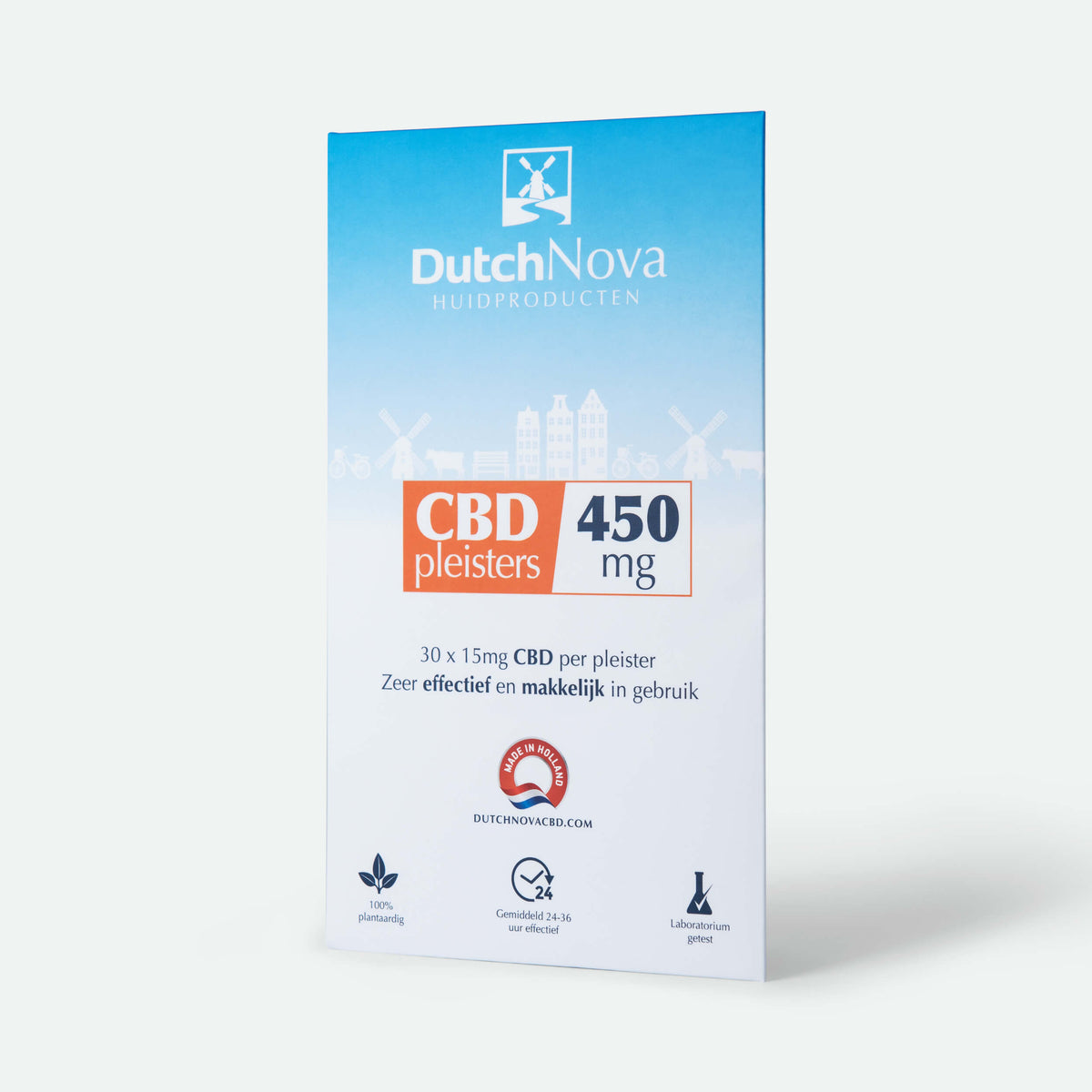 DutchNova CBD Pleisters 450 mg - verpakking met 30 pleisters, vooraanzicht