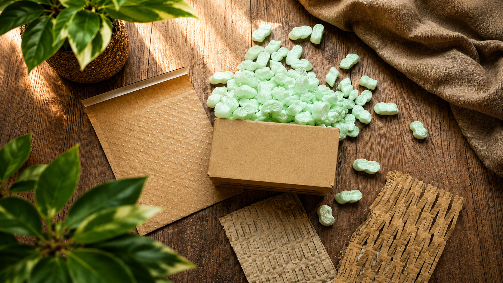 Kartonnen doos met plantaardige, biologisch afbreekbare vulchips, een kraftpapieren verzendzak en papieren opvulling.